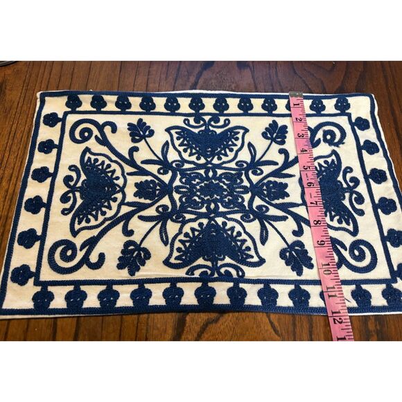 Traditional Lumbar Pillow Cover 19x12 Blue Cream Embroidered Boho Cottage Decor - Picture 4 of 6